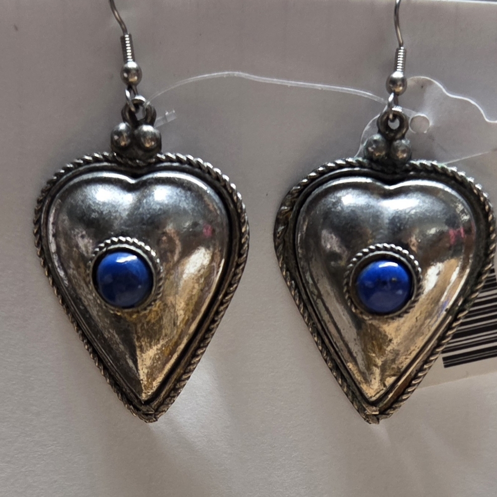 Silver Heart Earrings with Blue Accent